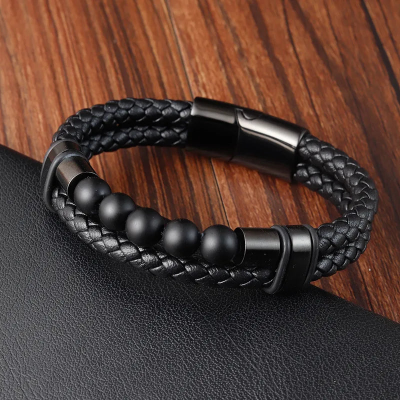 Natural Volcanic Rock Beads Bracelet Braided Leather Stainless Steel Multi-Layer Bracelet Magnetic Snap Bangle L20239