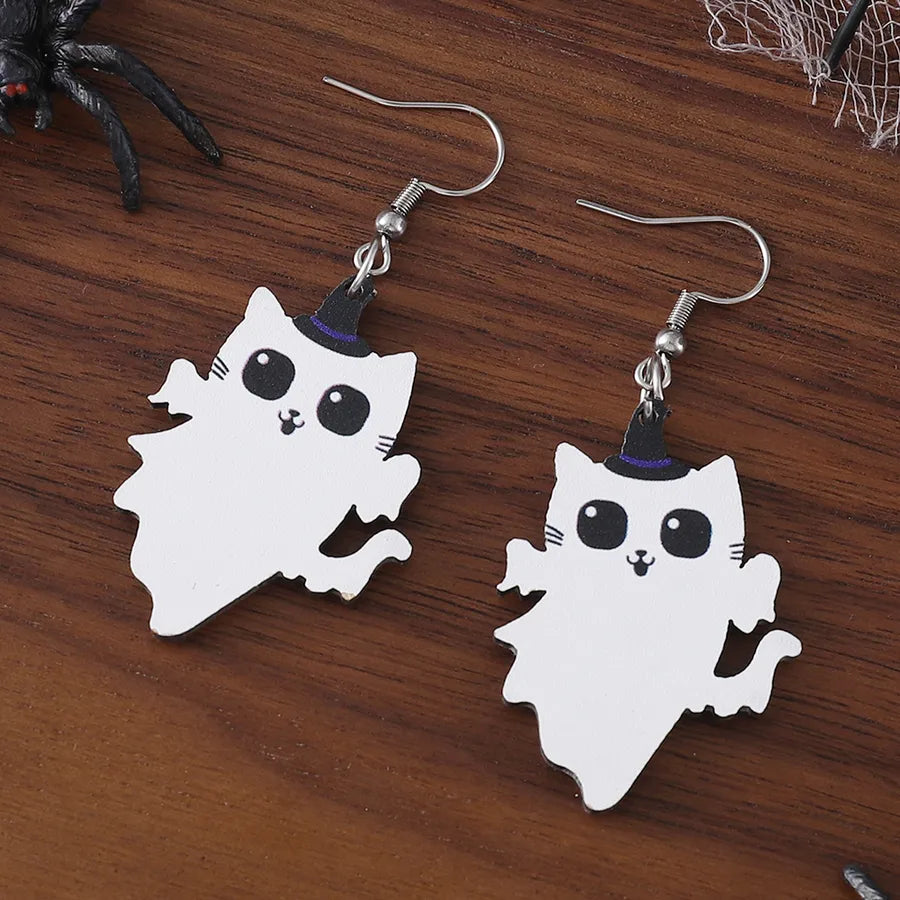 Halloween Cute Angel Cat Magic Hat Black Cat Pendant Earrings Ladies Vintage Wooden Gothic Style Double-Sided Ear Jewelry Party Gift