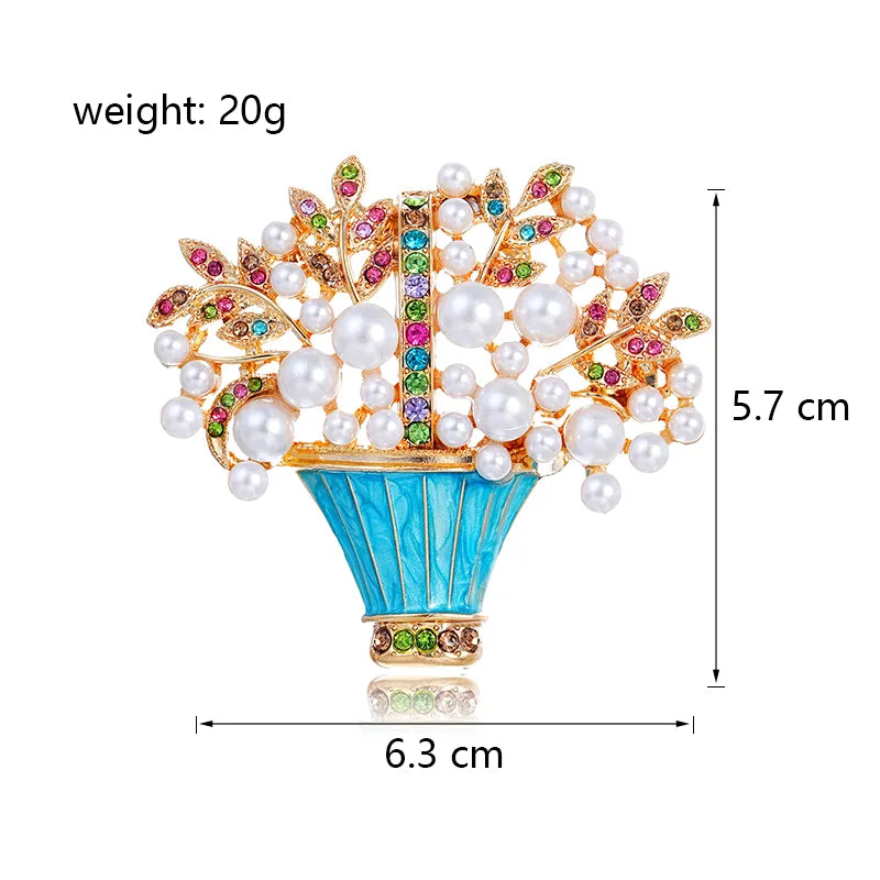 Fashionable Vintage Pearl Glazed Basket Brooch Pin Trendy Bouquet Brooch Pins Alloy Jewelry Accessory For Men And Women