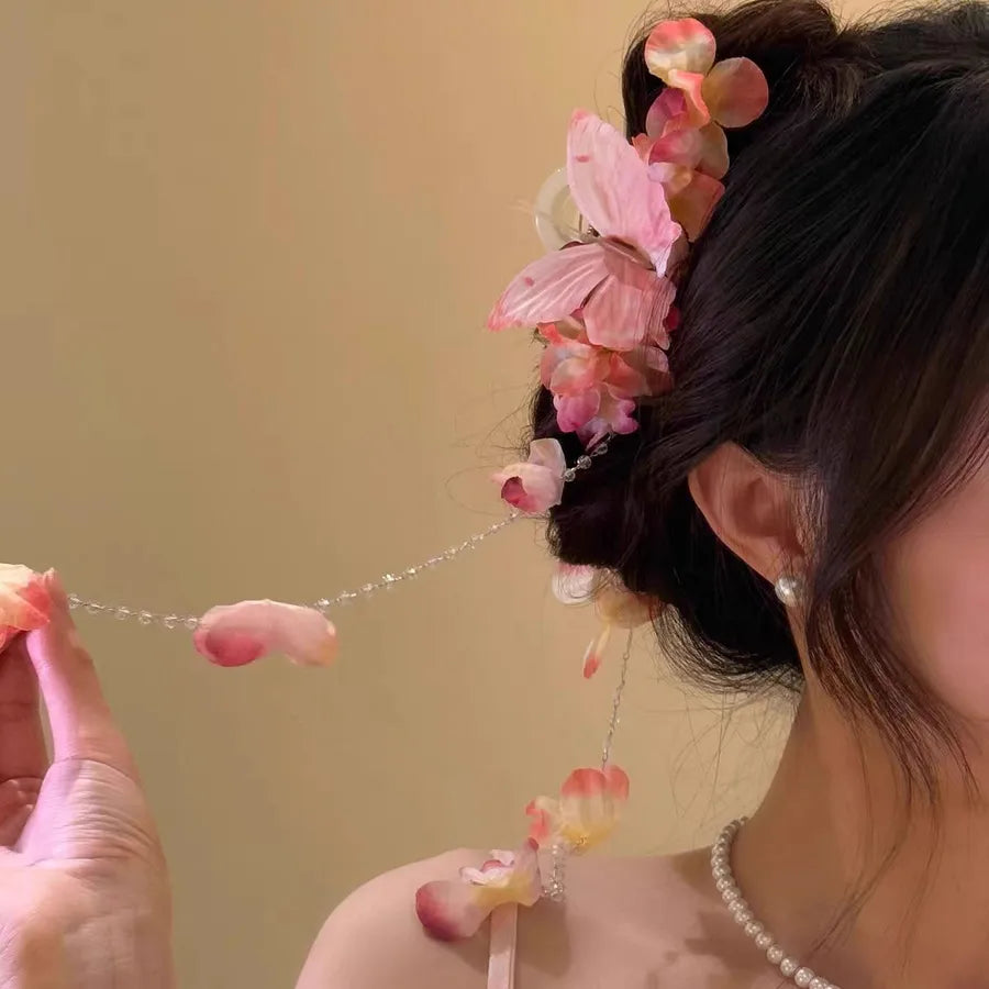 Super Fairy Artificial Flower Butterfly Flower Tassel Grip Female Sweet Style Unique and Exquisite Barrettes Ins All-Match Hair Accessories Fashion