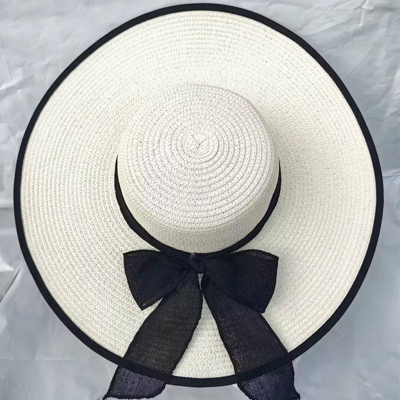 women's basic solid color bowknot side of fungus straw hat
