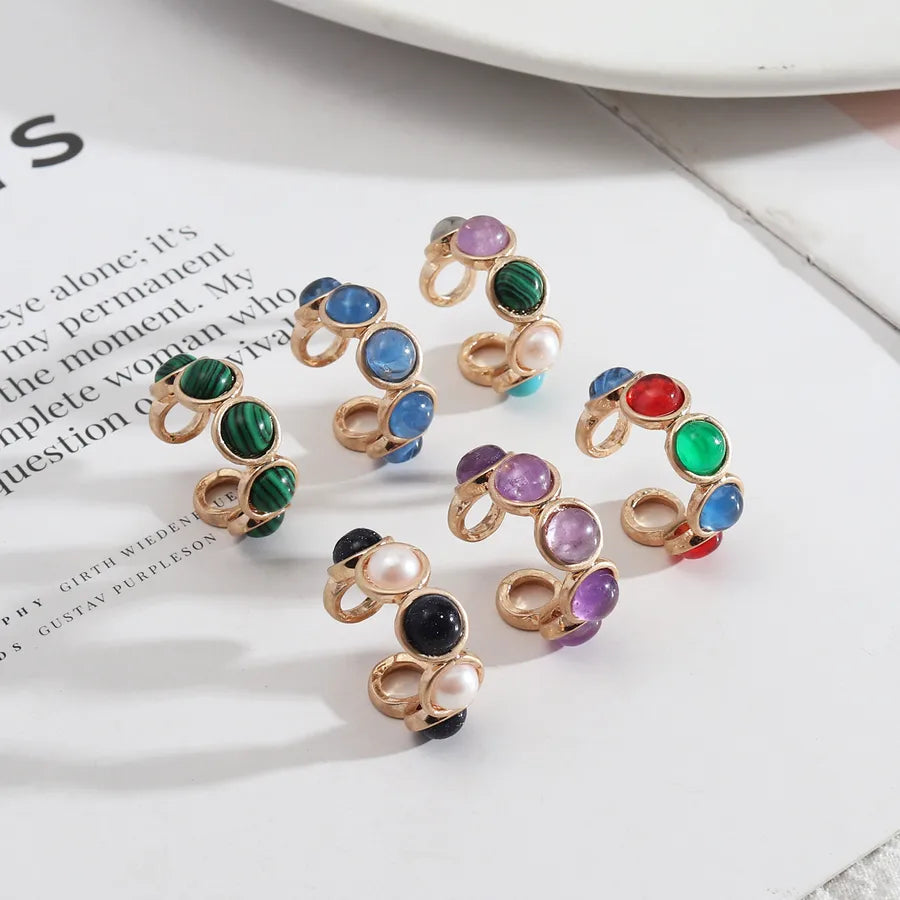 1 piece retro round alloy inlay natural stone resin pearl women's open ring