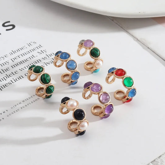 1 piece retro round alloy inlay natural stone resin pearl women's open ring