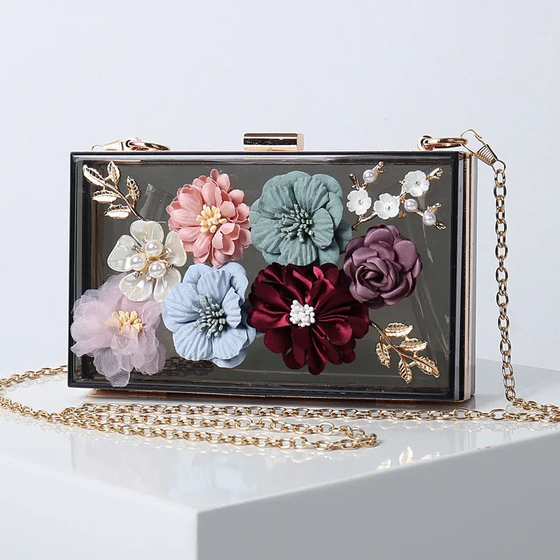 white blue black arylic flower square evening bags