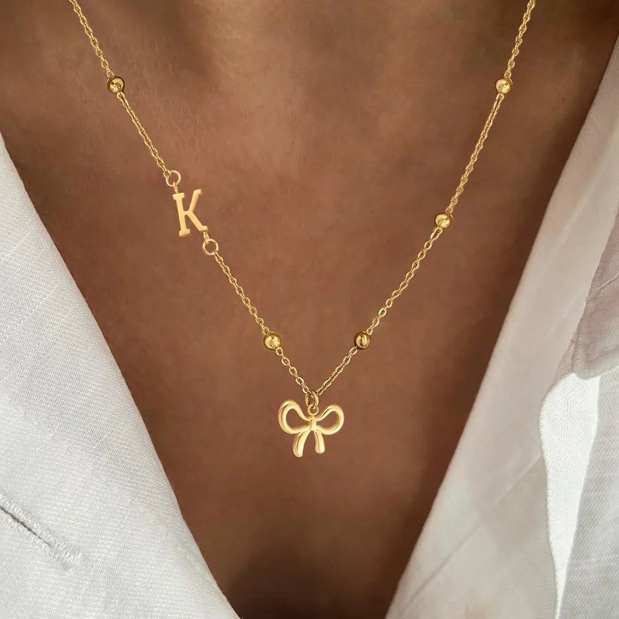 Wholesale Jewelry Simple Style Classic Style Letter Bow Knot 201 Stainless Steel 304 Stainless Steel ball chain Pendant Necklace