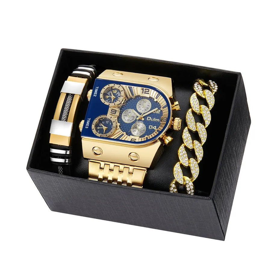 Business Color Block Folding Buckle Quartz Men's Watches Gift Set