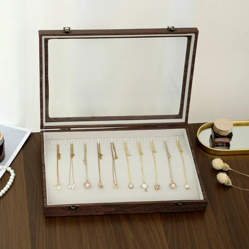 Retro Style Wooden Texture Leather Jewelry Box With Glass Lid Dustproof Storage For Rings Necklaces Bracelets Accessories Display