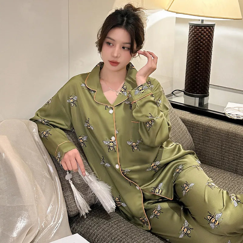 Pure Color Lace Splice Smooth Ice Silk Sleepwear Set Women Long Sleeve Long Pants Two Piece Set High-End Sensation Home Clothes