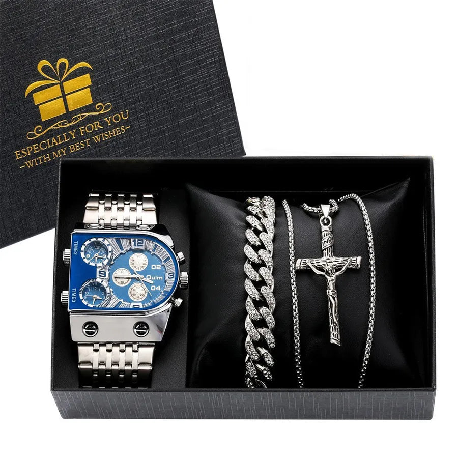 Business Color Block Folding Buckle Quartz Men's Watches Gift Set