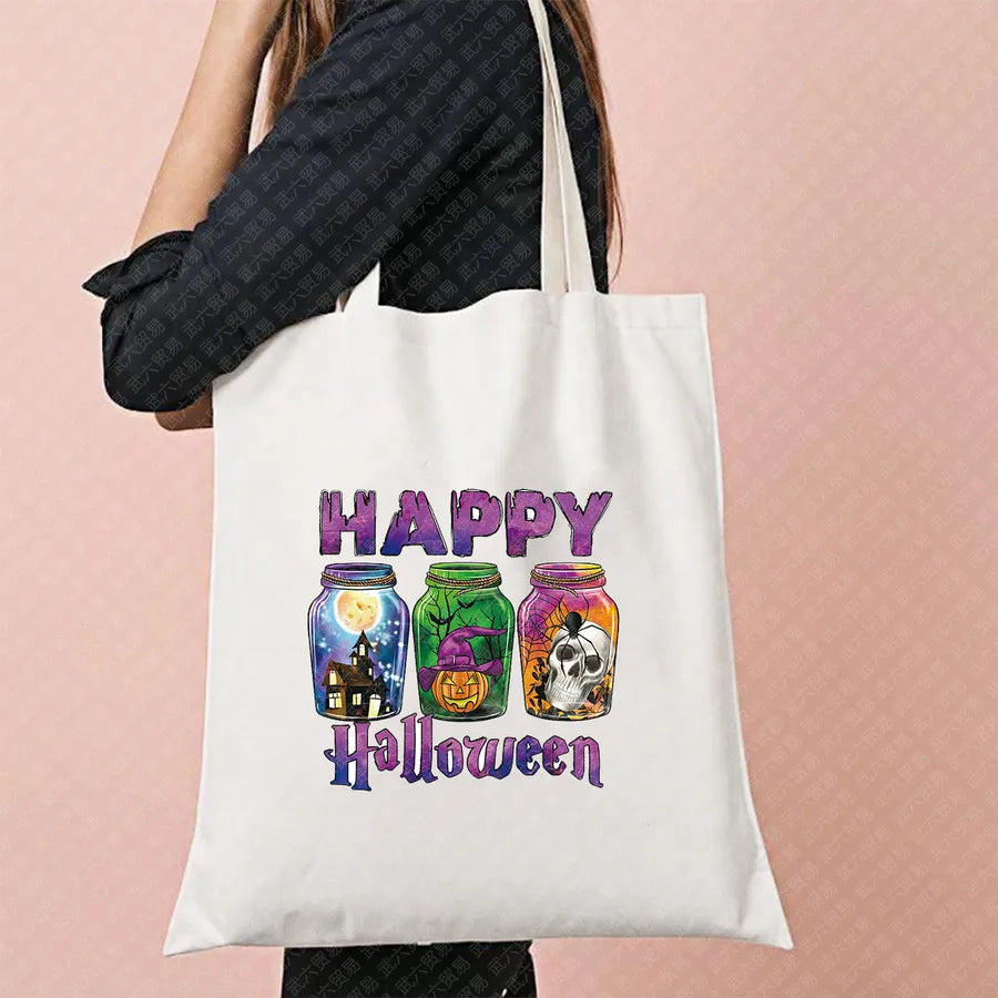 Halloween Movie Pattern Canvas Tote Bag Reusable Shopping Shoulder Bag Travel Large Square Printed Handbag Retro Style Women
