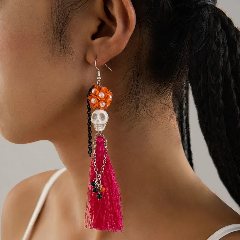 Creative Halloween Skull Tassel Earrings  Style Funny Geometric Pattern Handmade Alloy Women's Jewelry