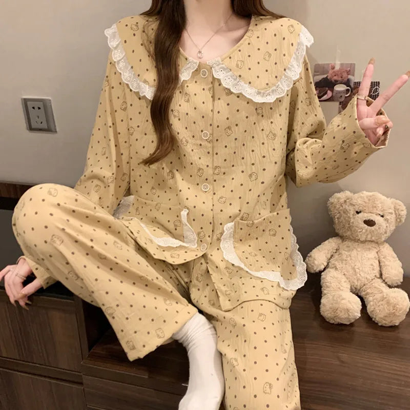 Sweet Cherry Cloud Cotton Long Sleeve Spring Home Clothes Set For Girls Comfortable Breathable Sleepwear Casual Style