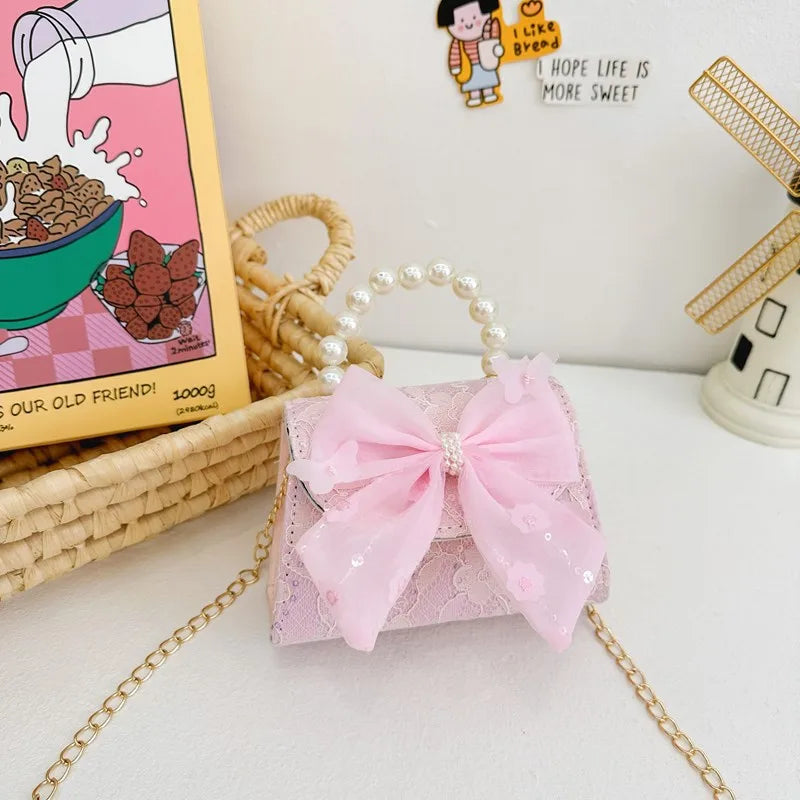 New Children's Bag Crossbody Bag Fashion Pearl Handbag Lace Bow Girl Princess Accessories Bag