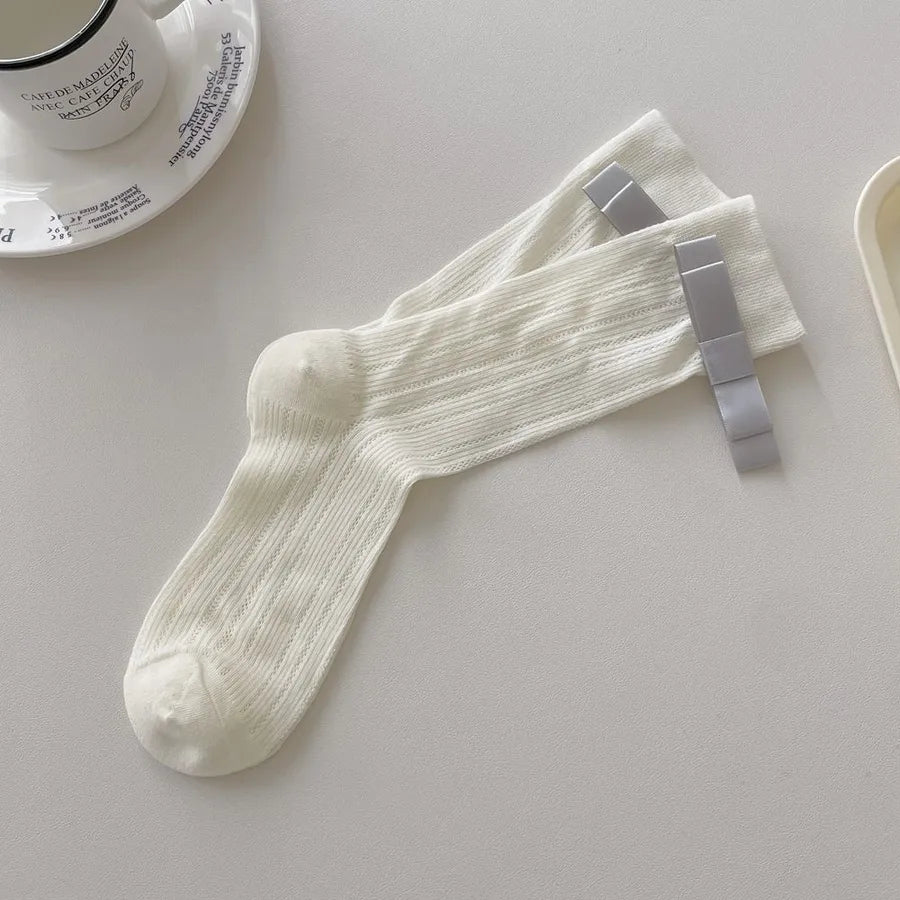 A Pair Basic Simple Style Women's Solid Color Bow Knot Cotton Crew Socks