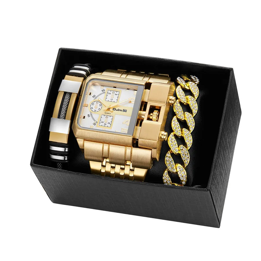 Business Color Block Folding Buckle Quartz Men's Watches Gift Set