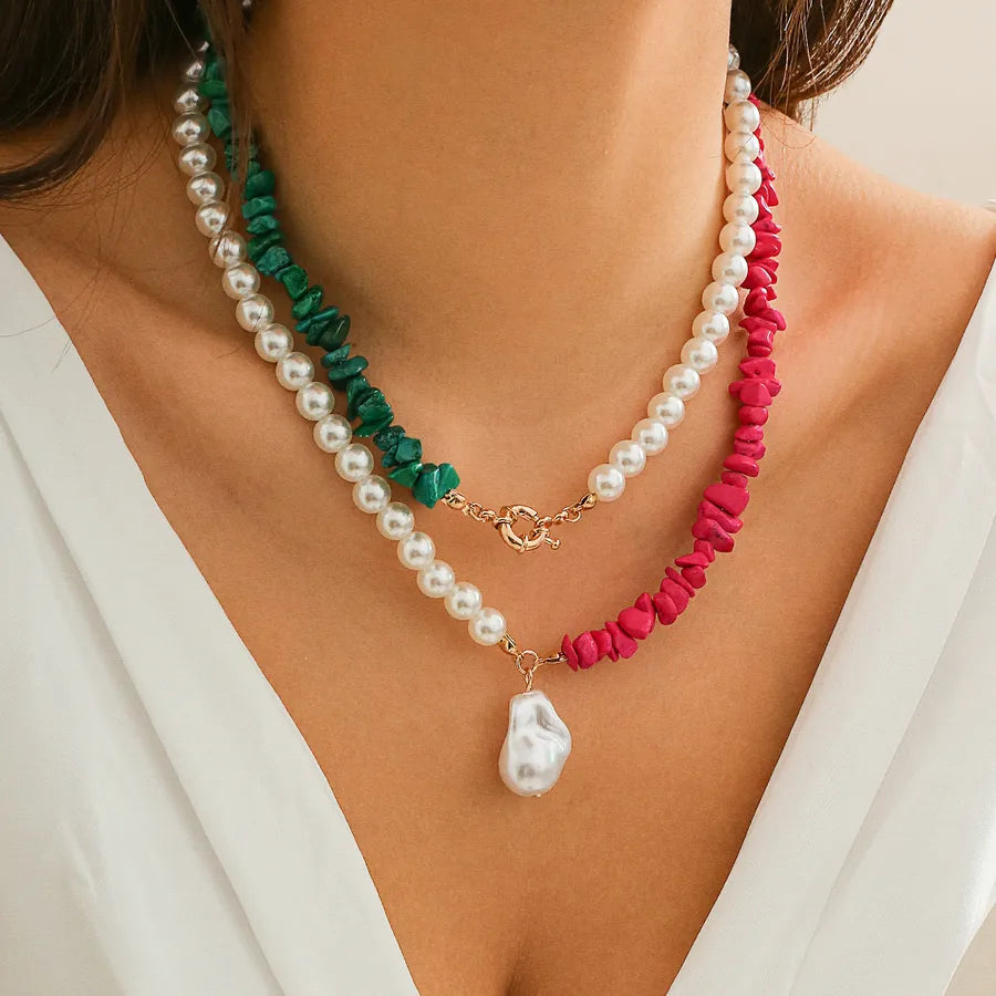 Retro Vacation Geometric Imitation Turquoise Imitation Pearl Alloy Beaded Chain Layered Necklaces Wholesale