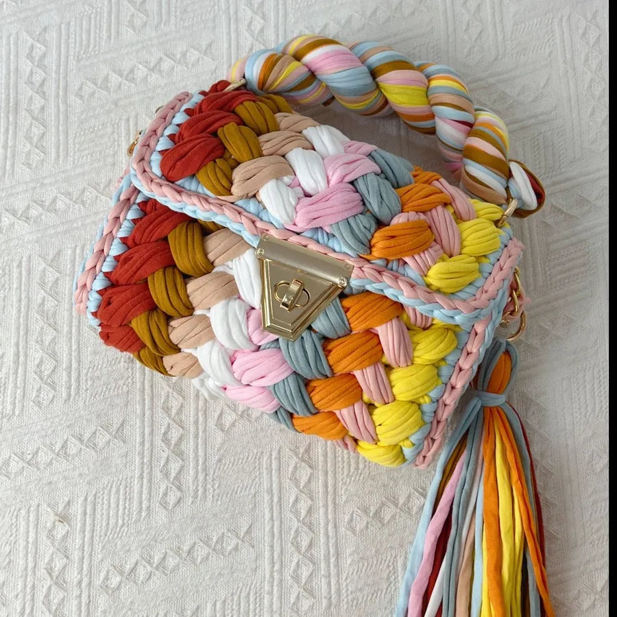 women's polyester color block elegant ethnic style square lock clasp handbag