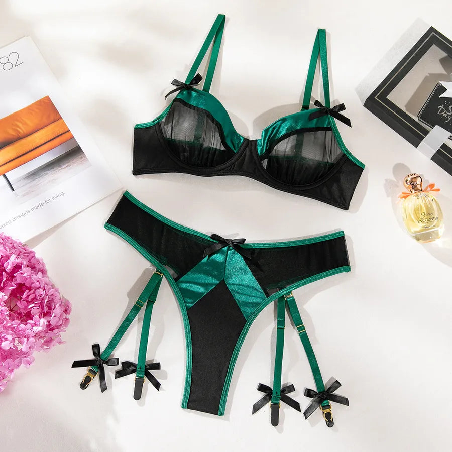 Women's Sexy Color Block Sexy Lingerie Sets Home Sleeping Sheer Bra Low Waist Thong Sexy Lingerie