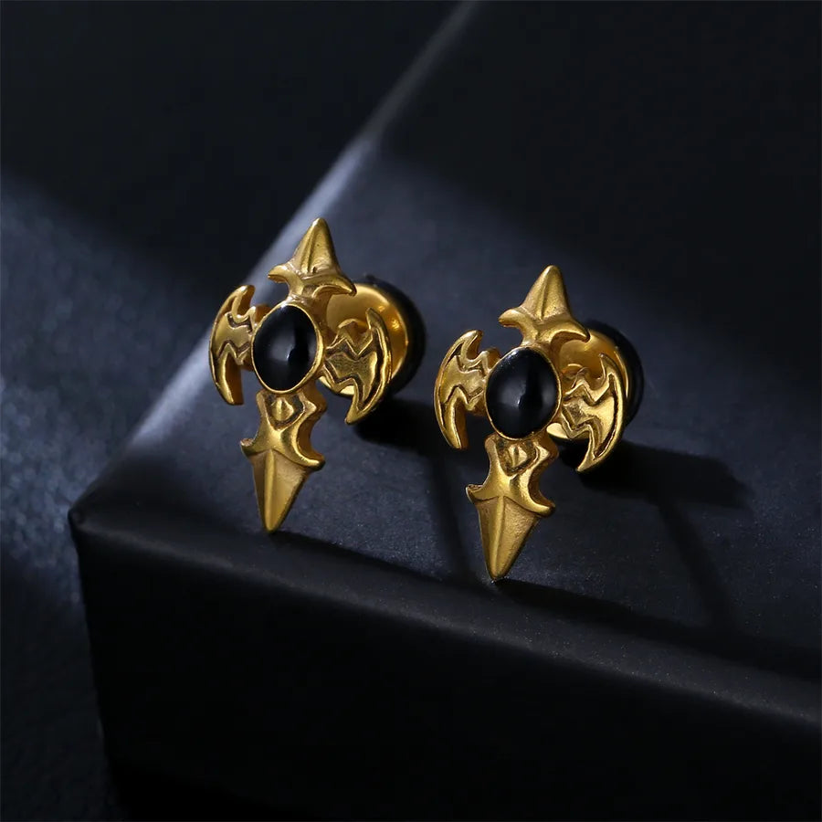 retro oval stainless steel inlay artificial gemstones ear studs 1 pair