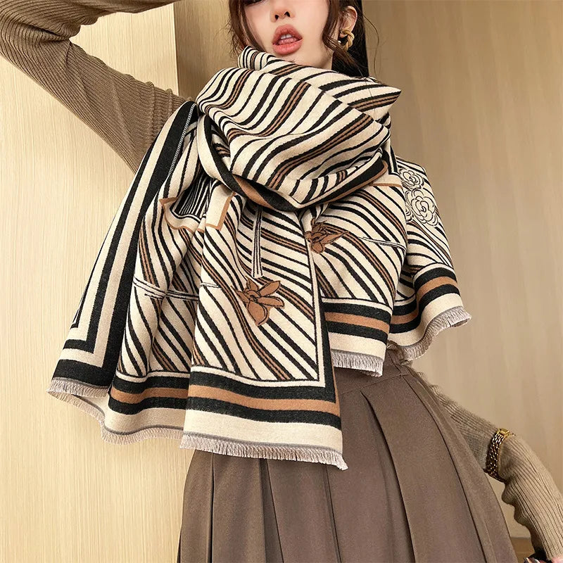 women's elegant simple style stripe flower imitation cashmere scarf