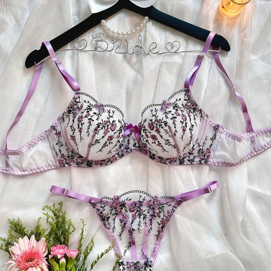 Women's Sexy Flower Sexy Lingerie Sets Home Honeymoon Sheer Bra Low Waist See-Through Sexy Lingerie