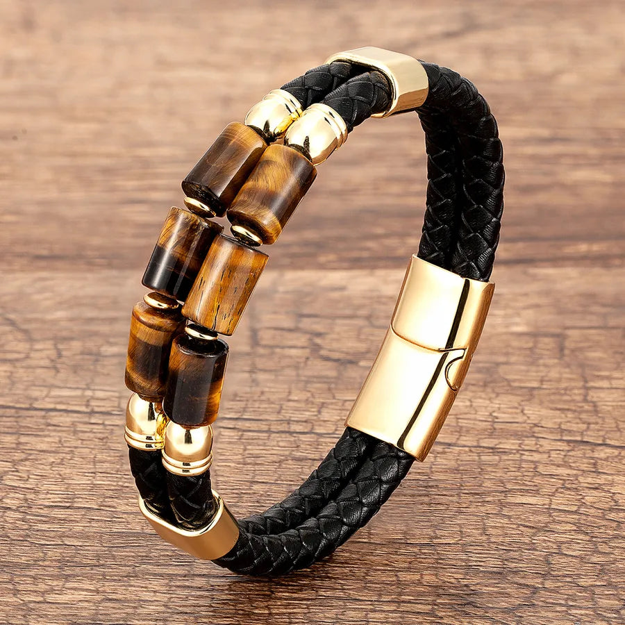 punk classic style cool style color block oval stone metal handmade braid men's bracelets