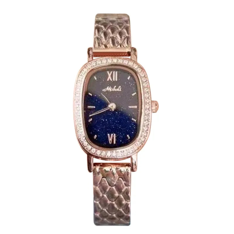 Gold Diamond Embedded Quartz Watch Elliptical Dial Starry Sky Ladies Fashionable Stainless Steel Strap Butterfly Buckle Clasp