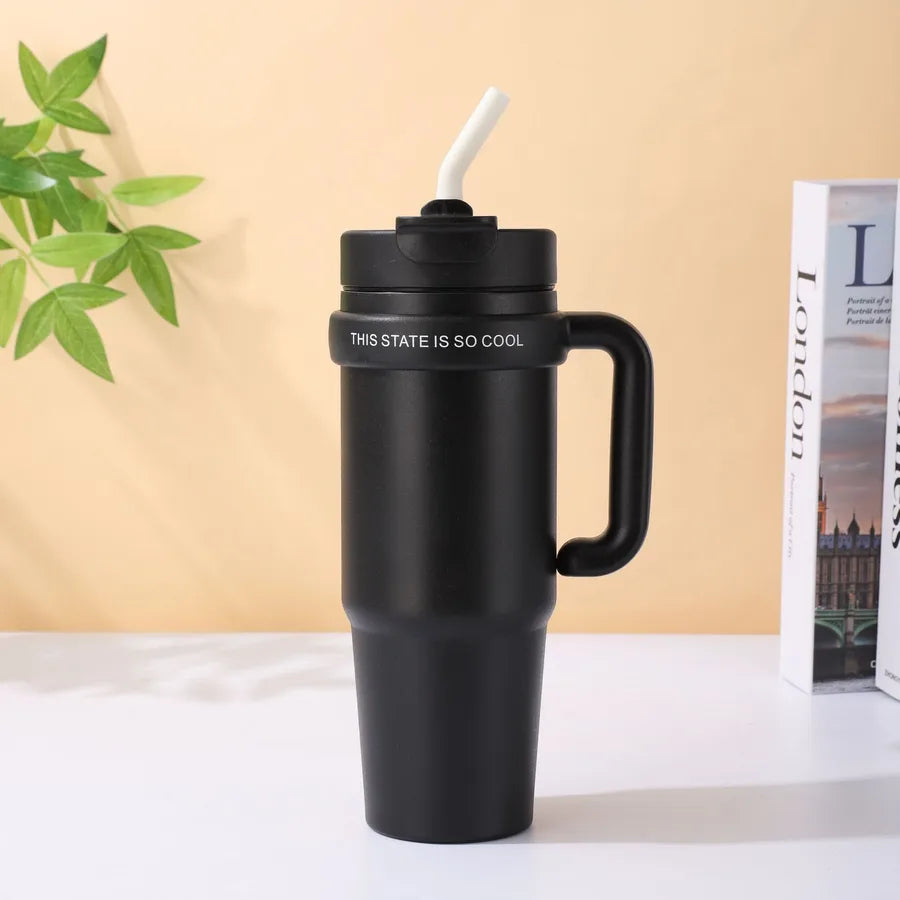 Giant 30Oz Handle Cup, 304 Stainless Steel Thermos Cup, Car Double Drinking Straw Large Ice Cup