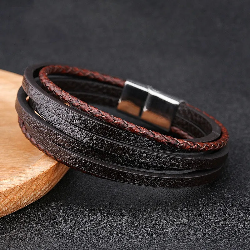 Retro Simple Style Solid Color Pu Leather Alloy Magnetic Buckle Layered Plating Men's Bracelets Men Cord & Leather Bracelets