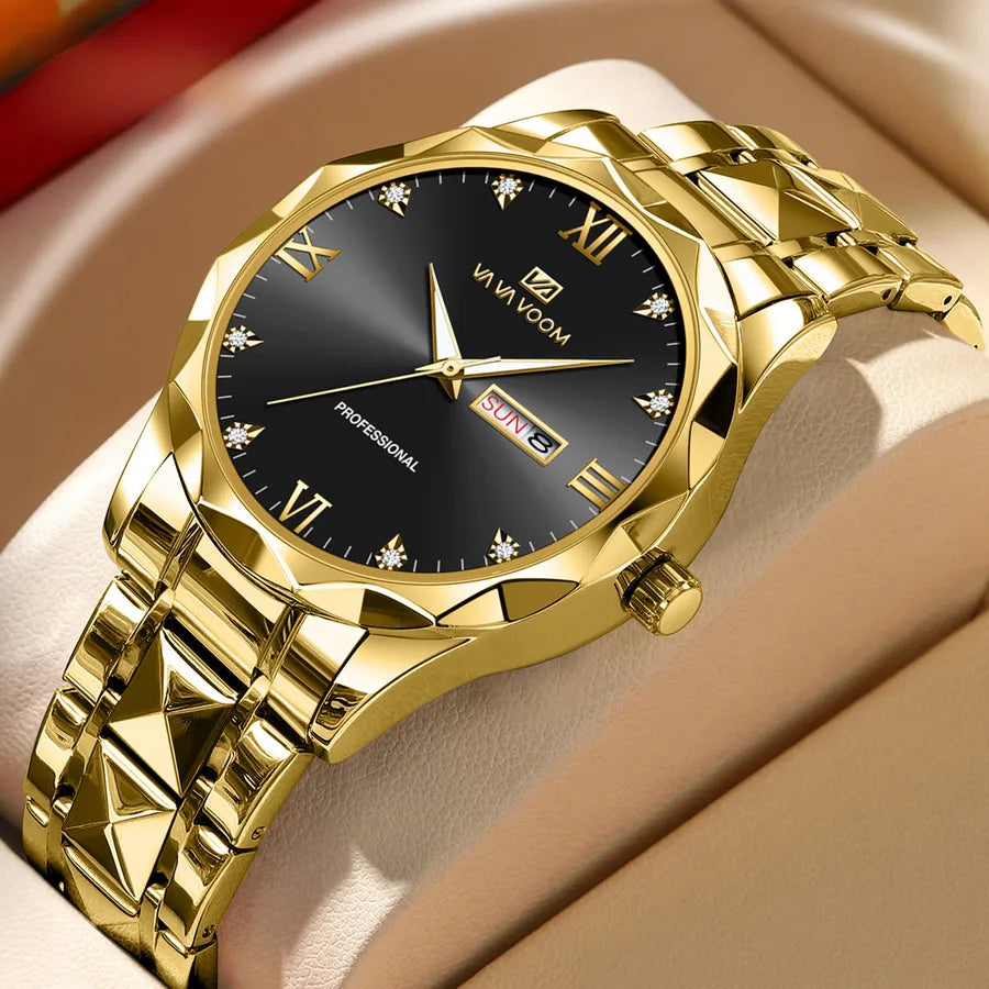 A generation of waterproof fine steel band men's watch new quartz watch calendar business room gold watch men
