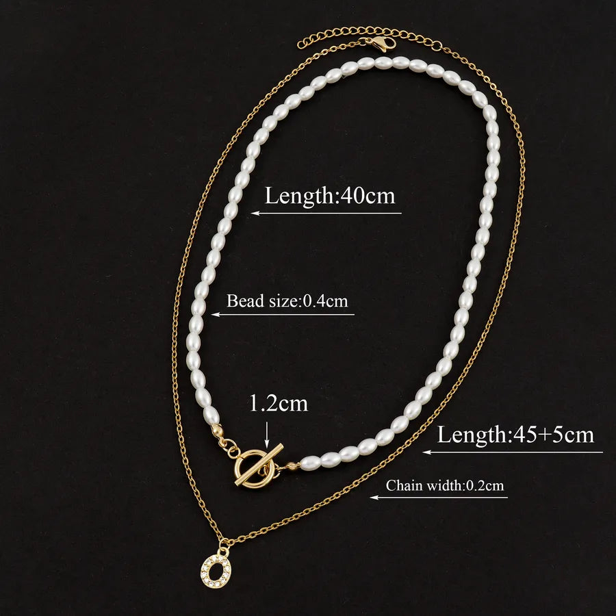 Elegant Simple Style Classic Style Letter Zircon 201 Stainless Steel Artificial Pearl Copper Beaded Chain cable chain Beaded Necklaces Wholesale