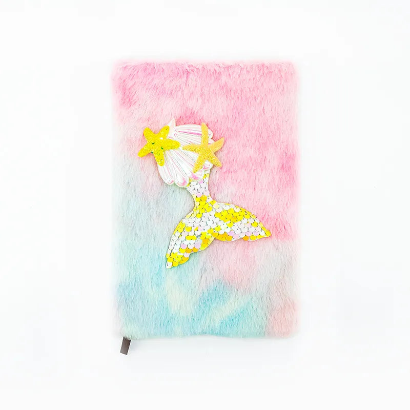 Mermaid Tail Shiny Sequin Plush Notebook A5 Size 80 Pages Cute Cartoon Style Memory Book Diary Gift For Girls