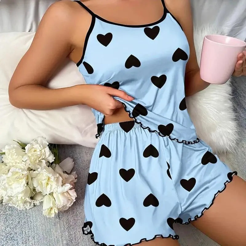 Summer  Casual Sexy Small Sling Love Printed Shorts Two-piece Home Clothes for Women