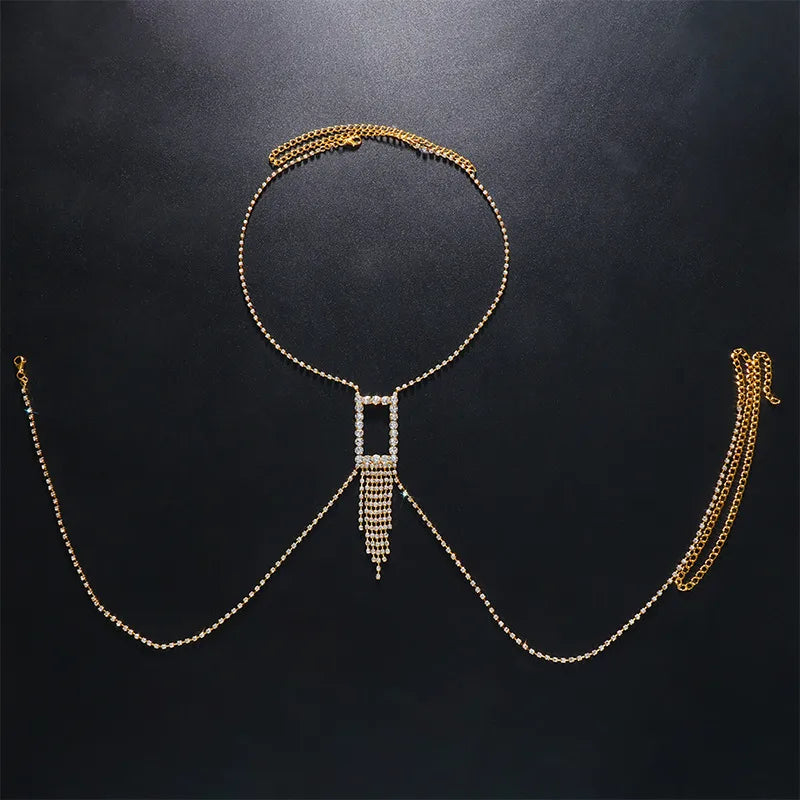 fashion geometric alloy plating rhinestones chest necklace body chain