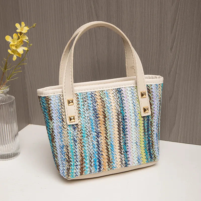 Women's Straw Color Block Streetwear Weave Sewing Thread Bucket Zipper Handbag