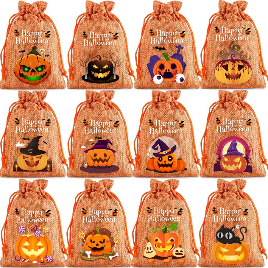 2025 New Halloween Linen Drawstring Gift Bag Pumpkin Shaped Sealed Mouth Bag Cartoon Style Heat Transfer Process Ladies Handbag