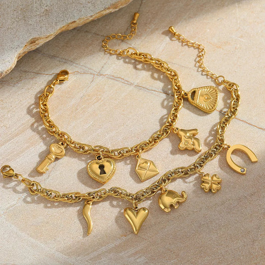 Casual Elegant Cute Geometric Heart Shape 304 Stainless Steel 18K Gold Plated Zircon cable chain Multi Charms Bracelet In Bulk
