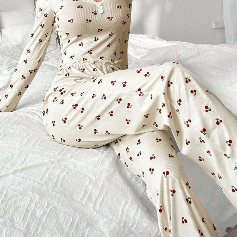 European Style Long Sleeve V-Neck Floral Print Sleepwear Set Women's Home Clothes With Cuffed Pants Thick Polyester Knitted Fabric