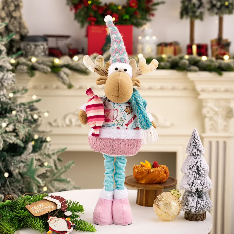 New Christmas Decoration Pink Santa Claus Snowman Extendable Dolls Display Window Arrangement Festive Polyester And Cotton Decor