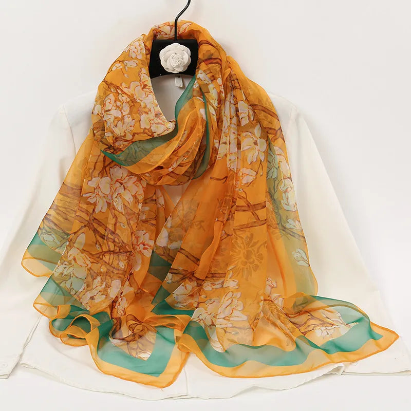women's elegant lady color block high quality yarn printing silk scarf