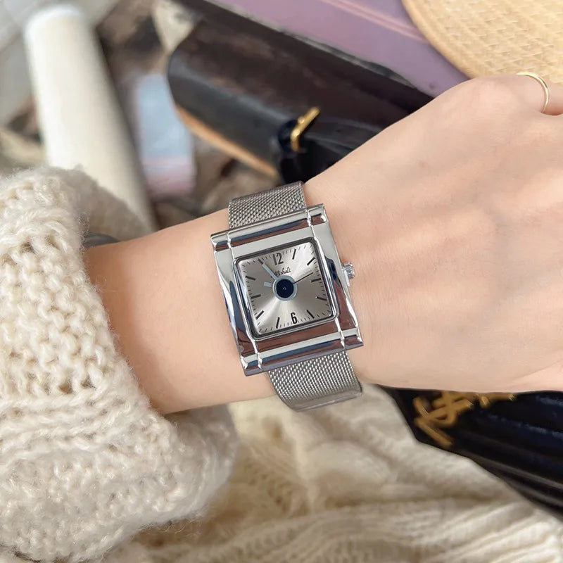 Fashionable Leopard Print Gold Tone Quartz Watch For Women Stylish Milisha Square Face Stainless Steel Band Trendy Accessory