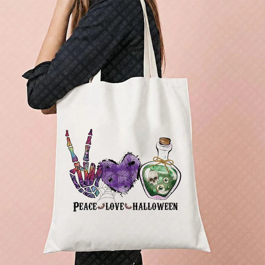 Halloween Movie Pattern Canvas Tote Bag Reusable Shopping Shoulder Bag Travel Large Square Printed Handbag Retro Style Women