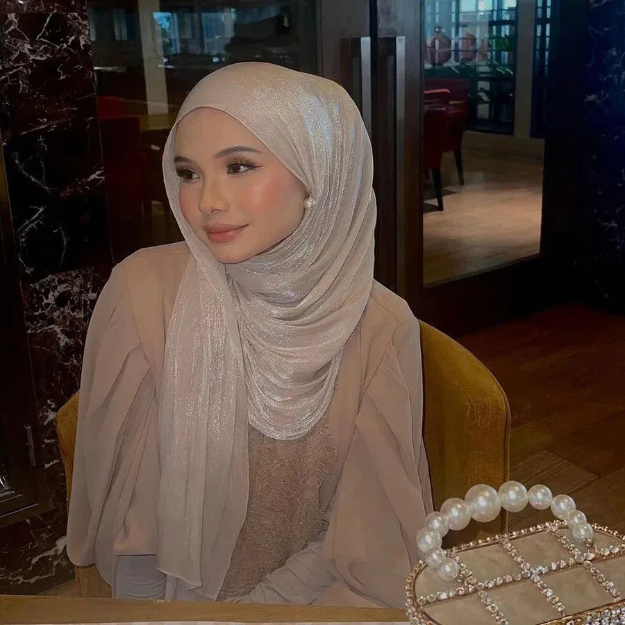 New Style Cool Breathable Bright Silk Chiffon Island Wrinkled Long Scarf Solid Color Simple Malay Indonesian Women's Bag Headscarf
