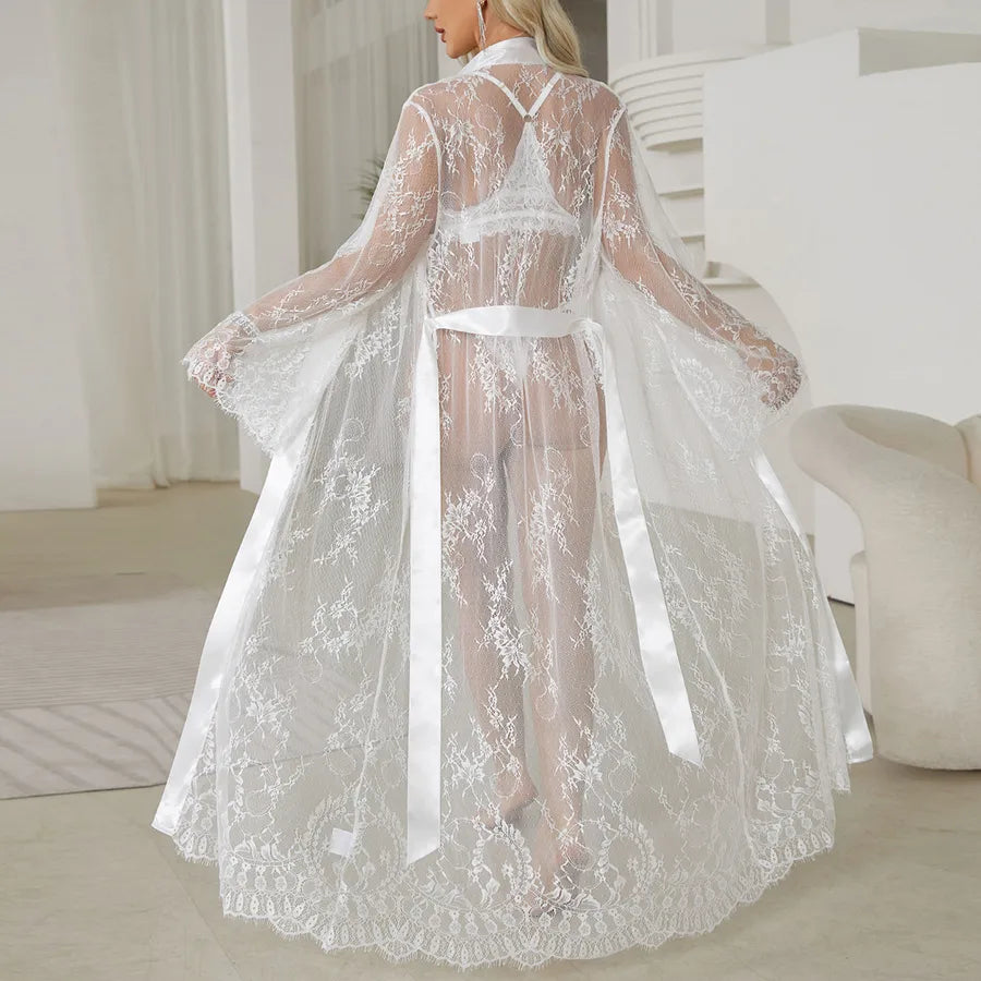 Sexy Lace Trim See Through Robe Women's Outerwear Nightgown Home Clothes V Neck Summer Spring Autumn Casual Breathable Polyester