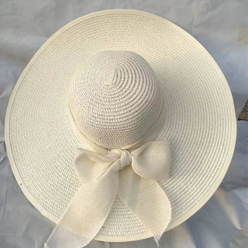 women's basic solid color bowknot side of fungus straw hat