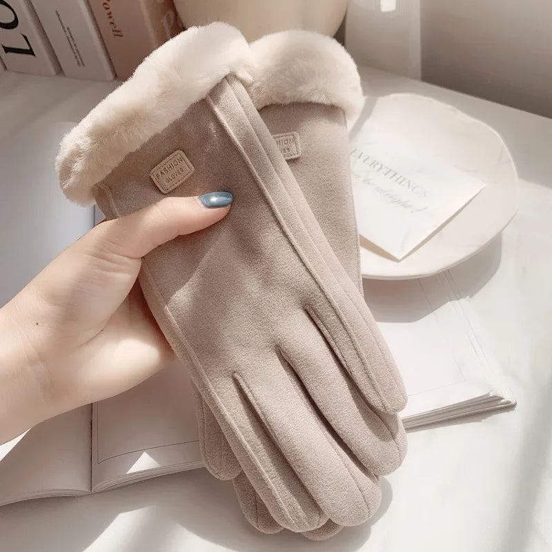 Warm gloves women's winter plus velvet padded suede autumn and winter cold-proof touch screen new cycling ski riding gloves