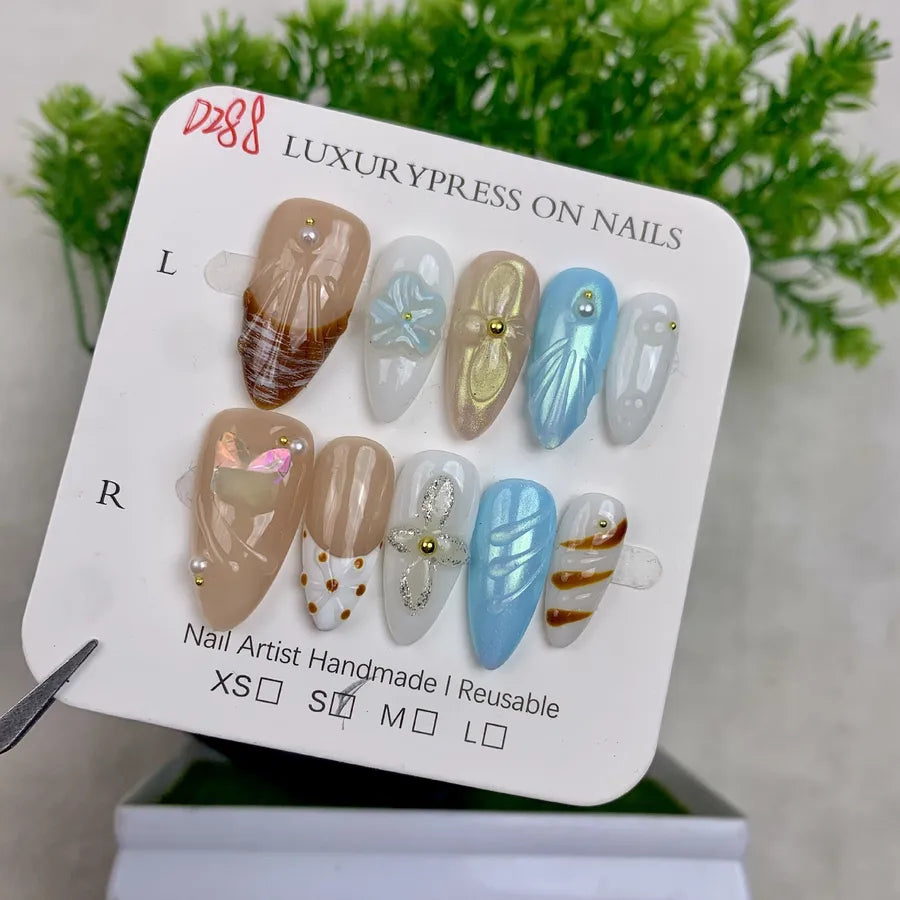 Handmade Detachable Shell Sculpture Cat Eye Almond Nails Ice Transparent Floral Design Wearable False Nails For Women