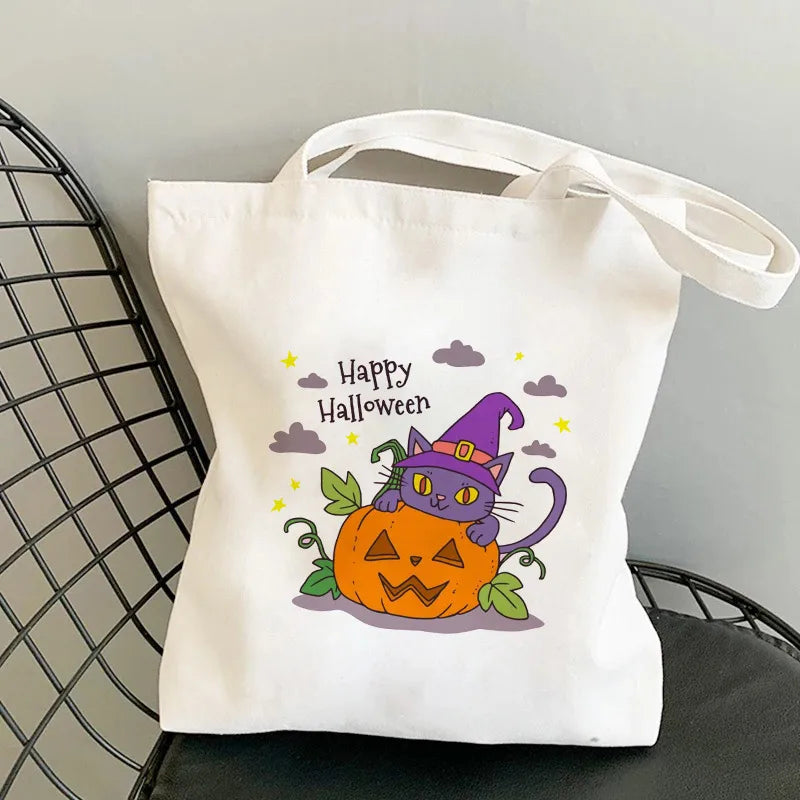 Halloween Women's Medium Canvas Pumpkin Cat Cute Square Open Underarm Bag