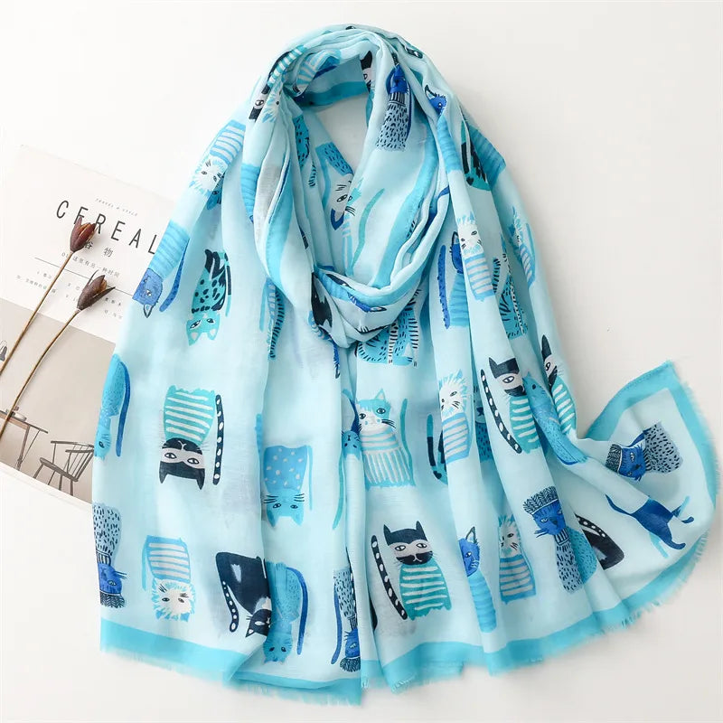Factory Sales   Live Broadcast Cute Kitten Paradise Printed Silk Scarf Satin Cotton Long Scarf Spring and Autumn Sunscreen Travel Scarf