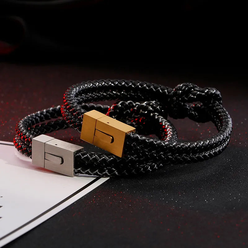 Simple Style Commute Color Block Stainless Steel Pu Leather Irregular Braid 18K Gold Plated Unisex Bangle